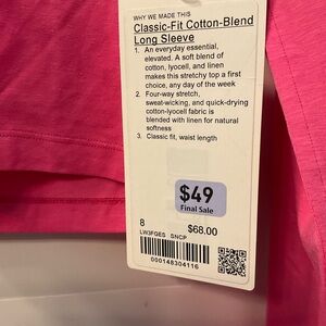 Lululemon long sleeve sonic pink cotton blend top